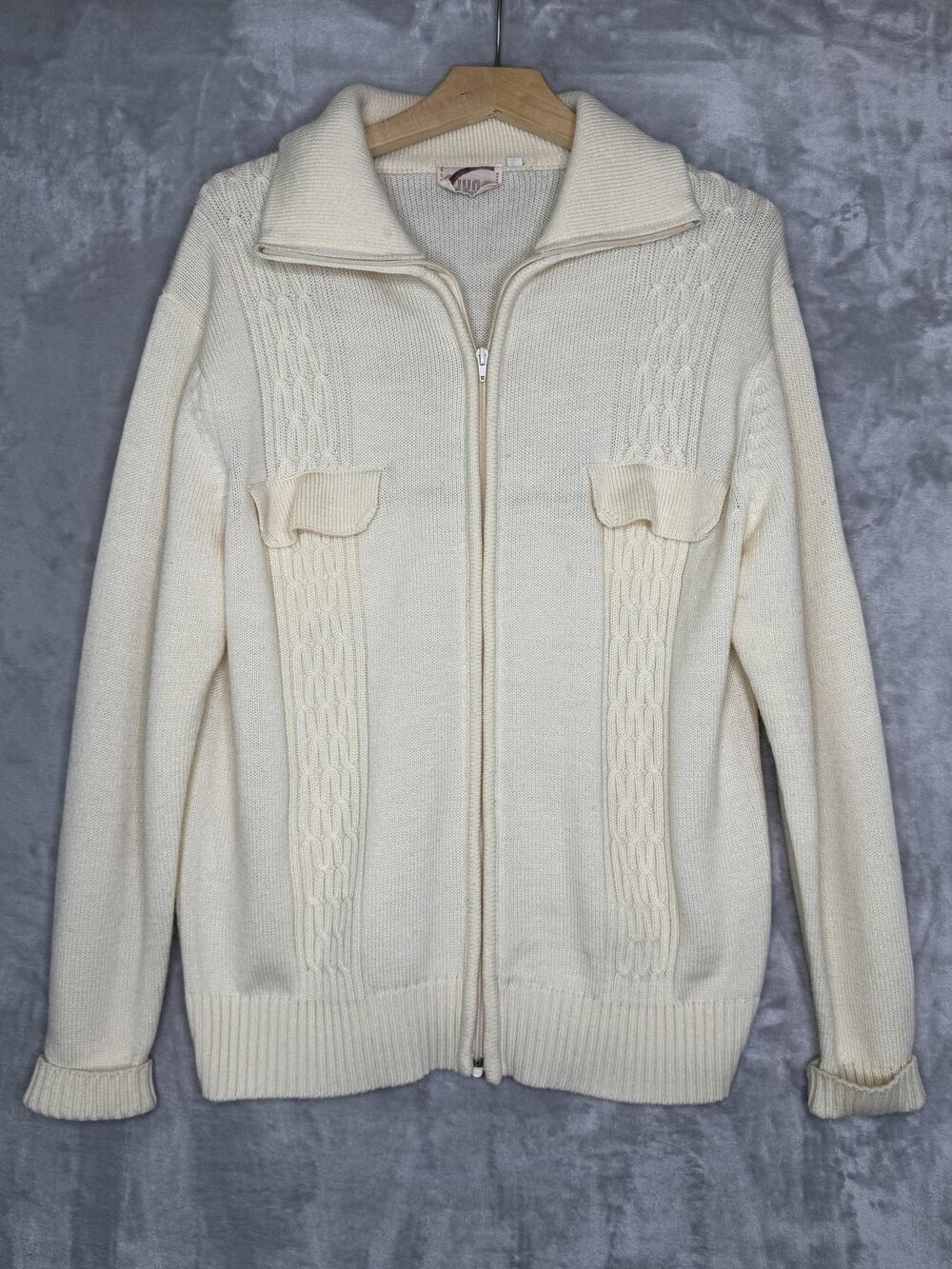 Vintage Juno Of California Sweater Womens Large White Cable Knit Zip Pockets 70